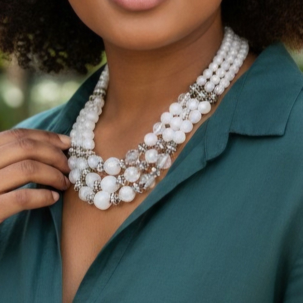 Vintage‎ White Lucite Bead Multi Strand Necklace•Mid Century Mad Men Bridal Glam